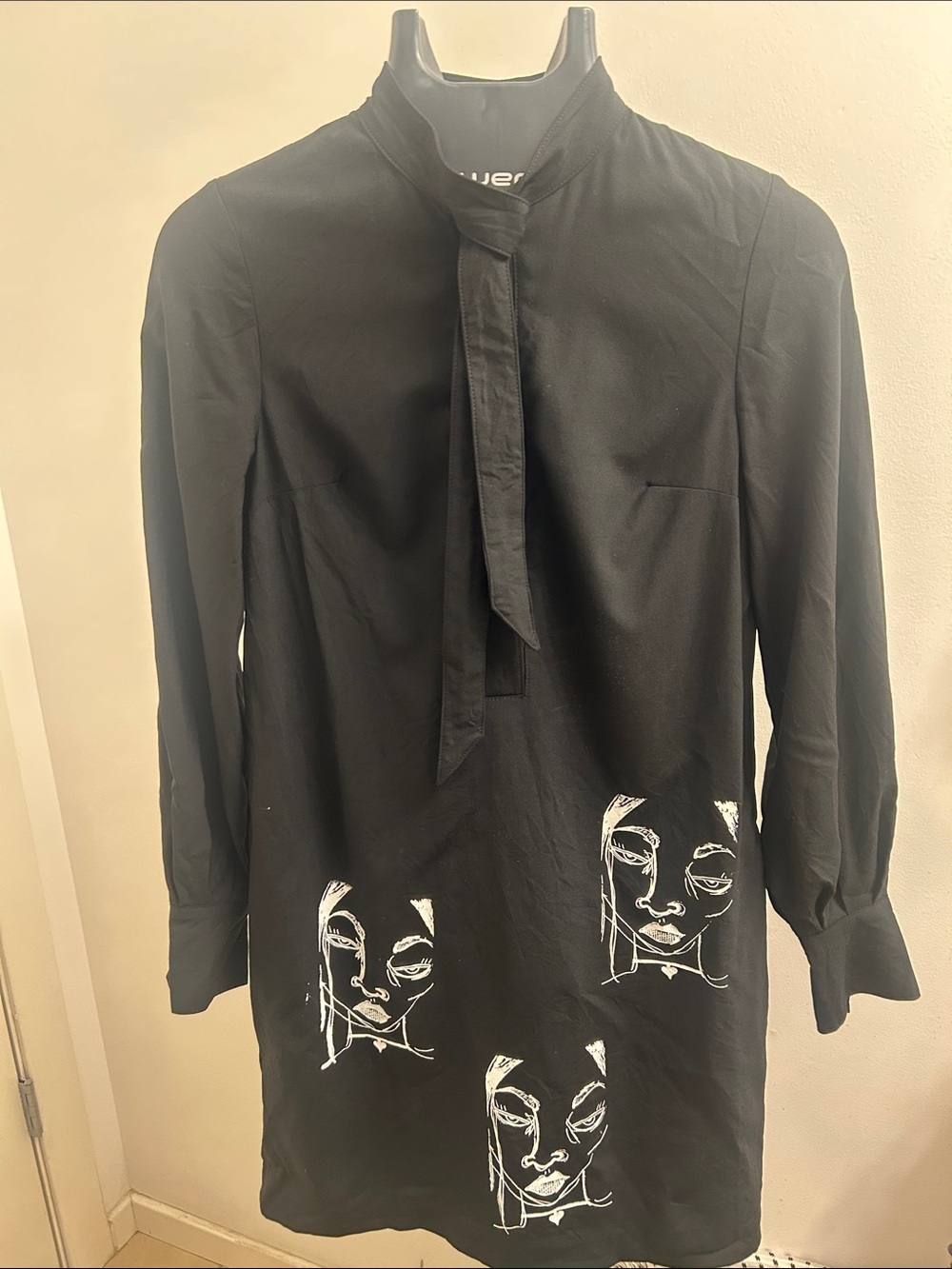 Black Long Sleeve Tie-Neck Dress with Abstract Face Print